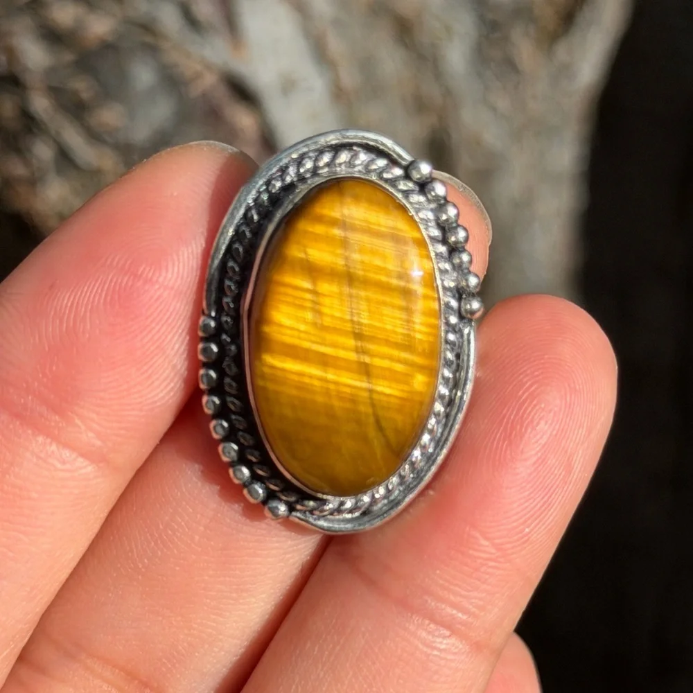 Size 6.5 925 silver plated flashy tiger eye‎ ring 0944